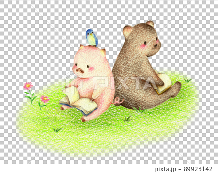 緑の野原で読書するブタとクマと青い鳥 手描き色鉛筆画 緑の野原で読書するブタとクマと青い鳥 手描き色鉛筆画 89923142