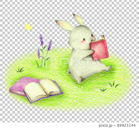 緑の野原で読書するウサギ 手描き色鉛筆画 緑の野原で読書するウサギ 手描き色鉛筆画 89923144