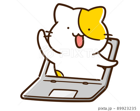 パソコンの画面の中から挨拶するかわいいねこの手書き風イラスト 89923235