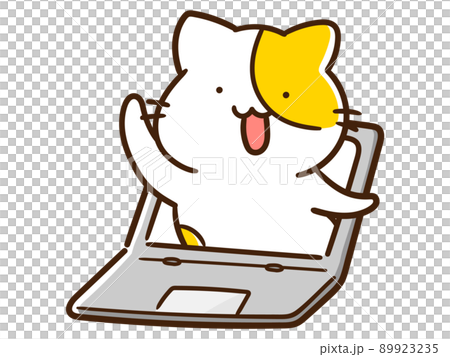 パソコンの画面の中から挨拶するかわいいねこの手書き風イラスト 89923235