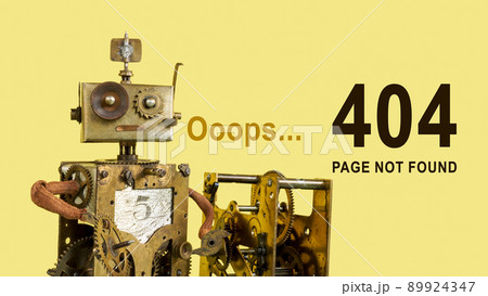 Funny robot with mechanical parts and sign 404 page not found. 89924347