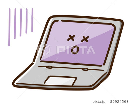 しんどい表情をするかわいいノートパソコンの手書き風イラストのイラスト素材
