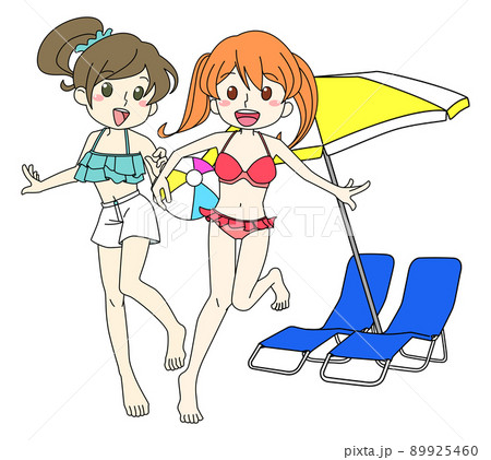 ビーチではしゃぐ二人組の水着の女の子 89925460