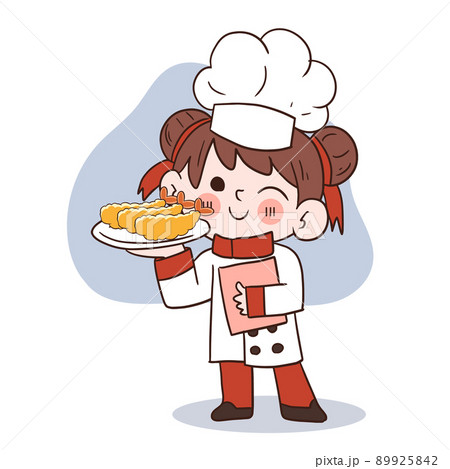 Cute young chef girl smiling and holding a Fried shrimp,Tempura.cartoon vector art illustration 89925842