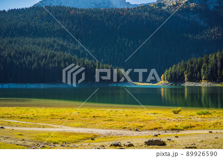 Panoramic morning view of Black Lake Crno Jezero. Calm summer scene of Durmitor Nacionalni Park, Zabljak location, Montenegro, Europe. Beauty of nature concept background 89926590