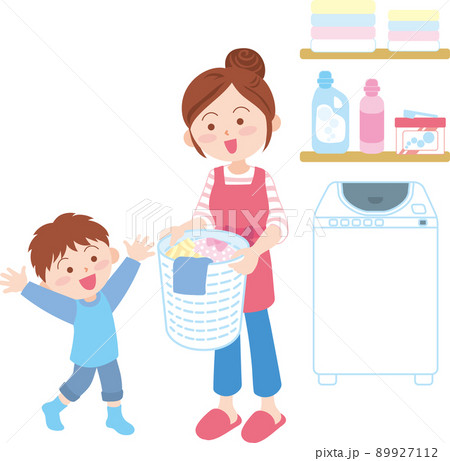 洗濯イメージ_洗濯部屋_親子_縦型洗濯機 89927112