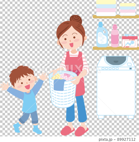 洗濯イメージ_洗濯部屋_親子_縦型洗濯機 89927112