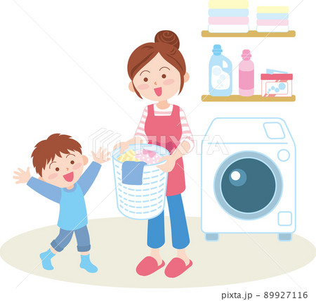 洗濯イメージ_洗濯部屋_親子_ドラム式洗濯機_床色あり 89927116