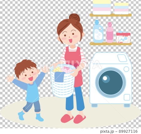 洗濯イメージ_洗濯部屋_親子_ドラム式洗濯機_床色あり 89927116