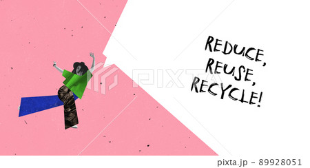 Contemporary art collage. Stylish woman wearing cloth made from polyethylene and reused materials. Stop using non recyclable materials. 89928051