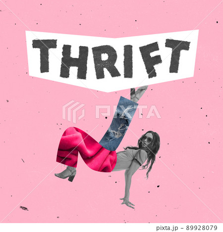 Contemporary art collage. Stylish young woman wearing handmade jeands from different materials isolated over pink background 89928079