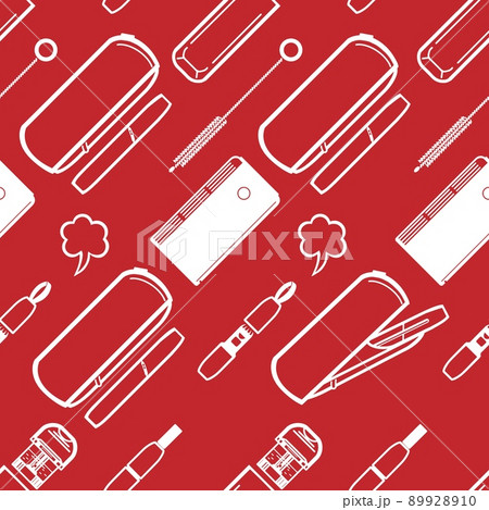 Seamless pictograms of tobacco heaters and white accessories on a red background 89928910