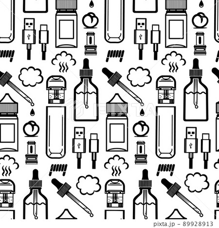 Seamless pattern with pictograms of e-cigarettes and accessories black on white 89928913