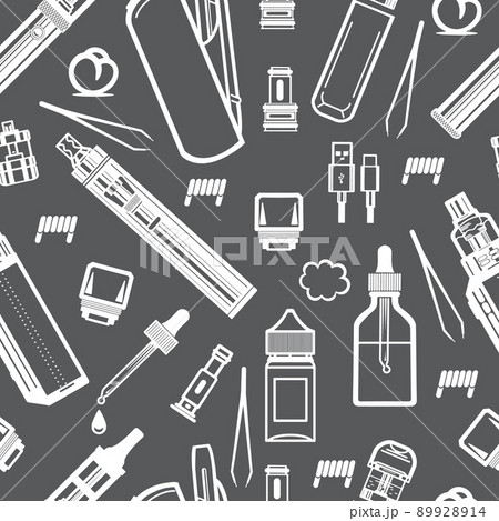 Seamless pattern with pictograms of e-cigarettes and accessories white on grey 89928914