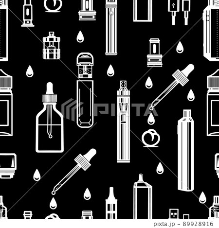 Seamless pattern pictograms of vape cigarettes and white accessories on black 89928916
