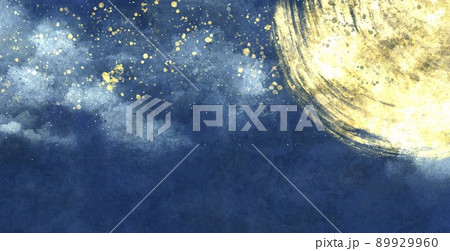和風な月と星空の背景素材 抽象的 日本画 青のイラスト素材 [89929960