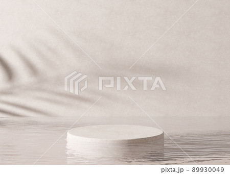 Podium standing in water, with palm shadow, on the cream background. Beautiful mock up for product, cosmetic presentation. Pedestal or platform for beauty products. Empty scene, stage. 3D rendering. Podium standing in water, with palm shadow, on the cream background. Beautiful mock up for product, cosmetic presentation. Pedestal or platform for beauty products. Empty scene, stage. 3D rendering. 89930049