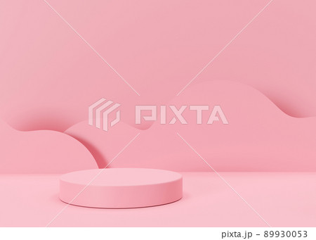 Pink round podium with waves on pink background. Podium for product, cosmetic presentation. Mock up. Pedestal or platform for beauty products. Empty scene. 3D rendering. Pink round podium with waves on pink background. Podium for product, cosmetic presentation. Mock up. Pedestal or platform for beauty products. Empty scene. 3D rendering. 89930053