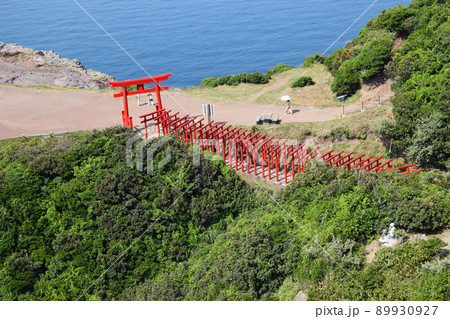 真っ青な日本海に向かって連なる赤い鳥居の道 89930927