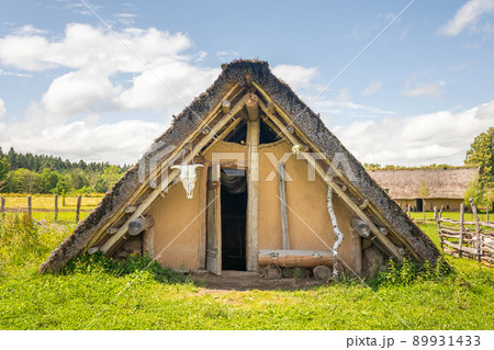 Celtic house with straw thatched roof at Celtic open air museum in Nasavrky, Czech republic 89931433