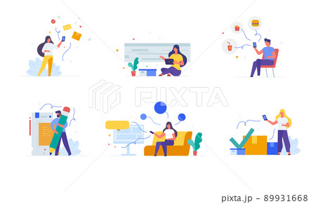 People use smartphones, delivery, fast food People use smartphones, delivery, fast food 89931668