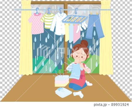 洗濯物を畳む_大きな窓_雨_部屋干し_生乾き匂い 89931924