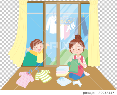 洗濯物を畳む_大きな窓_外干し_大きな窓半開き 89932337