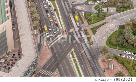 Overhead view of transport on a busy road in Dubai downtown aerial timelapse, United Arab Emirates 89932621