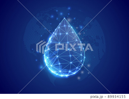 Water drop 3d low poly symbol with blue world map background. Droplet concept design illustration. Oil drop polygonal symbol with connected dots 89934155