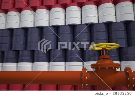 Oil pipe and barrels with painted flag of Thailand. Petroleum industry related 3d rendering 89935256