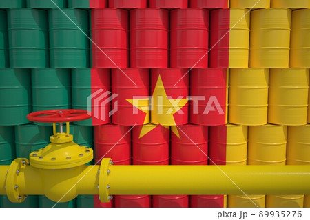 Gas pipe and barrels with petrochemicals with flag of Cameroon. Petroleum industry related 3d rendering 89935276