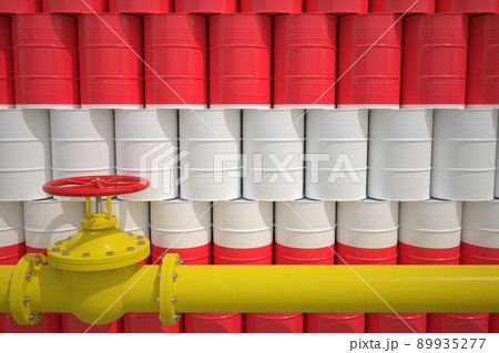 Many barrels with petrochemicals with flag of Austria and gas pipe. 3d rendering 89935277