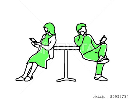 反対向きに本を読む男女の線画イラスト 89935754