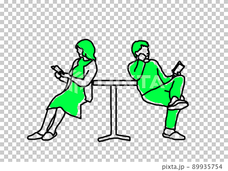 反対向きに本を読む男女の線画イラスト 89935754