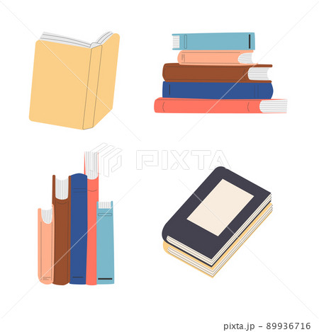 Various books, stack of books, notebooks. Hand drawn educational vector illustration. Set of literature, dictionaries, encyclopedias, planners with bookmarks. 89936716