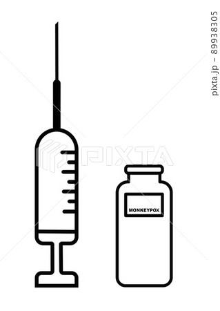 Vaccine. Monkeypox. Monkeypox vaccine. Design of a vaccine with the injection, the syringe and the vial. Vaccine for monkeypox. Illustrative design. 89938305