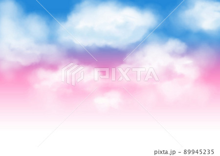 ピンクと青のグラデーションの夕焼け空と雲の手描き背景イラストの