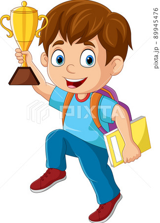 Cartoon little boy holding gold trophy 89945476
