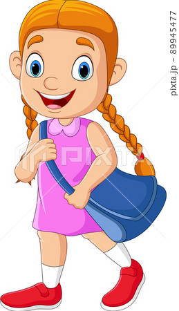 Cartoon school girl with backpack go to school 89945477