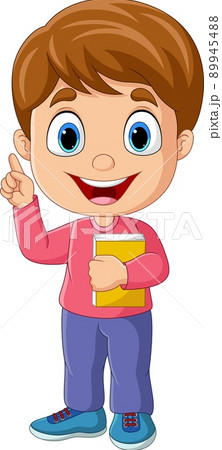 Cartoon little boy with book and pointing up 89945488