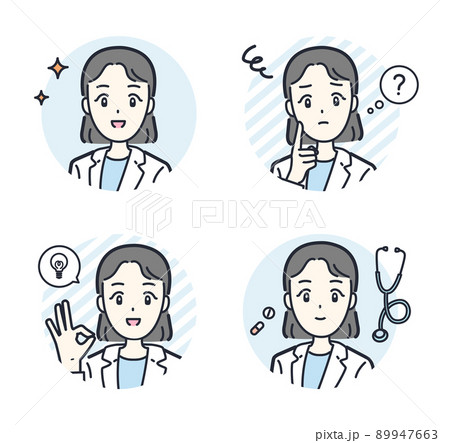 明るい表情と暗い表情の医者の顔とアイコンのイラストセットのイラスト素材