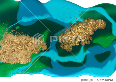 Gold spots on flow blue paints abstract background Gold spots on flow blue paints abstract background 89948098