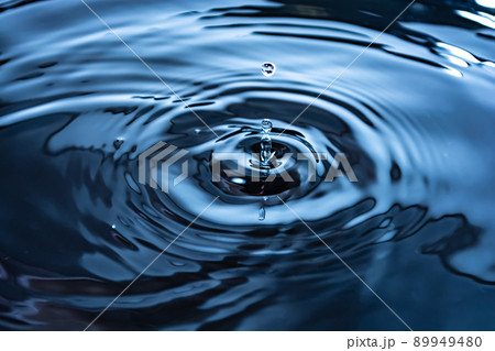 Drops and ripples. Close-up of blue water rings, circular reflections, waves on the liquid surface. 89949480