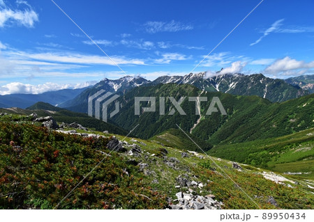 大天井岳へ向かう登山道から見た穂高連峰、槍ヶ岳の大パノラマ 89950434