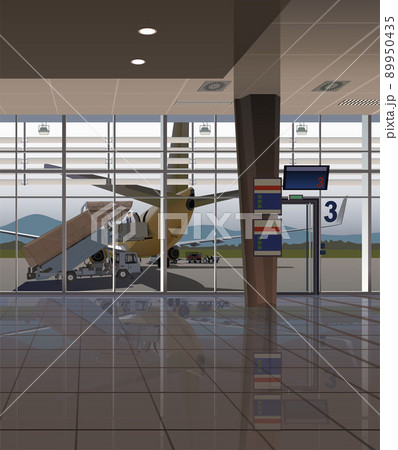 The waiting room in the airport terminal, outside the window is a plane with a ladder. Vector 89950435