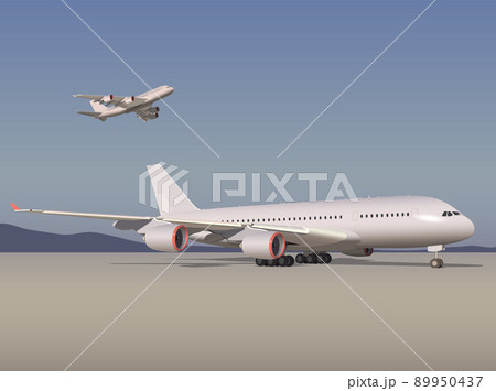 Aircraft at the airport, against the backdrop of a sunny sky and mountains. Vector. 89950437