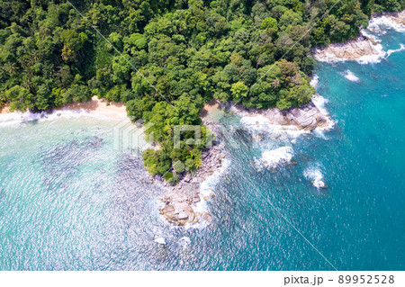 Seascape landscape nature view from Drone camera. Aerial view of seashore in phuket thailand. Beautiful sea in summer sunny day time 89952528