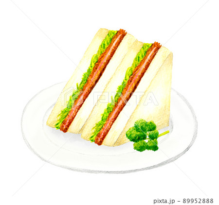 皿に乗ったハムカツとキャベツのサンドイッチとパセリ　料理・カフェメニューの手描き水彩イラスト素材 89952888