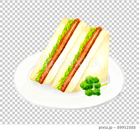 皿に乗ったハムカツとキャベツのサンドイッチとパセリ　料理・カフェメニューの手描き水彩イラスト素材 89952888