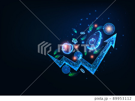 Abstract food price rise concept with glowing low poly grocery vegetable and fruit and arrow chart Abstract food price rise concept with glowing low poly grocery vegetable and fruit and arrow chart 89953112